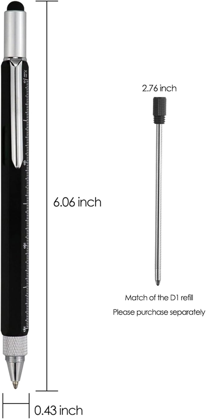 HeTaoCat Gifts Multi Tech Tool Pen 6 in 1 Stylus Pen - Screwdriver Pen with Ruler, Levelgauge, Ballpoint Pen Black ink (Black)