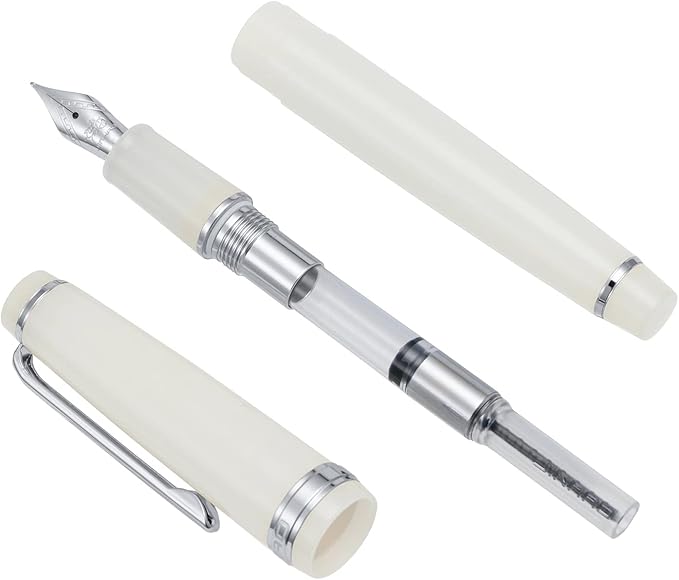 Jinhao 82 Acrylic Fountain Pen, Iridium Medium Nib with Ink Converter, Transparent Ivory White Classic Design Smooth Writing Pen (Silver Trim)