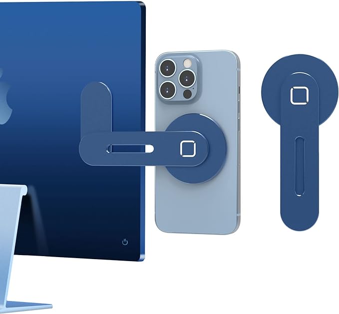 CloudValley Magnetic Phone Holder for Laptop Designed for iPhone 16/15/14/13/12 MagSafe, Adjustable Phone Monitor Side Mount, Slim Portable Foldable Computer Expansion Bracket, Navy Blue…