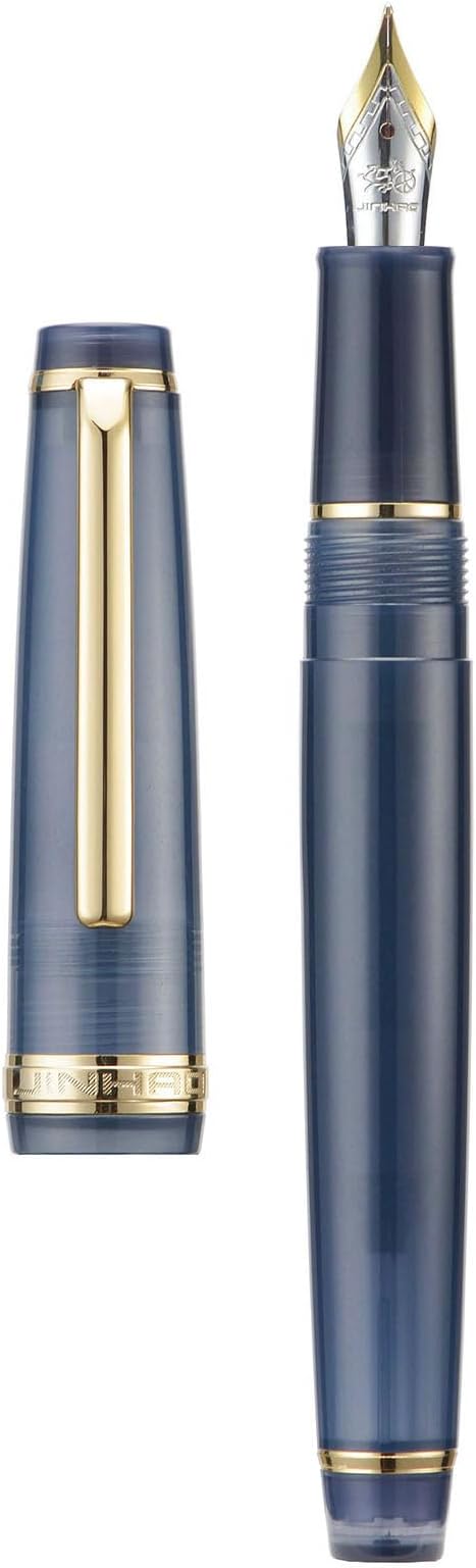 Jinhao 82 Acrylic Fountain Pen, Iridium Medium Nib with Ink Converter, Transparent Dark Blue Classic Design Smooth Writing Pen (Gold Trim)