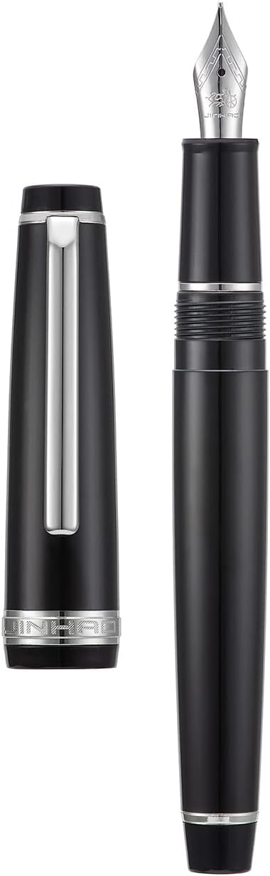 Jinhao 82 Black Acrylic Fountain Pen, Iridium Fine Nib Classic Design Smooth Writing Pen with Ink Converter (Silver Trim)