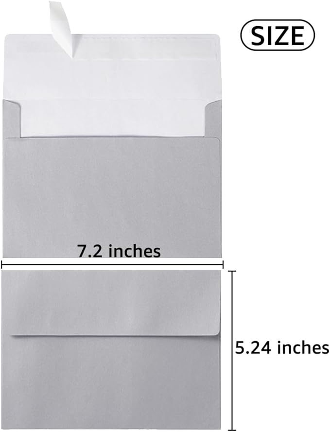 50 Pieces Metallic Color Self Seal Envelopes for Greeting Cards, Invitations, Postcards (Silver, 5x7)