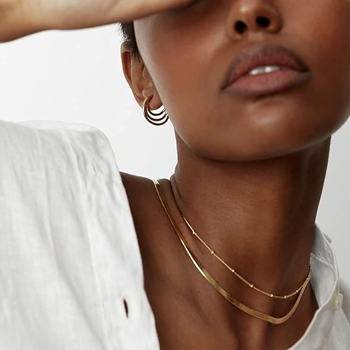 Herringbone Necklace for Women,Dainty Gold Necklace,14k Gold Plated Snake,Gold Chain Choker Necklaces,Simple Gold Layered Necklaces,Gold Jewelry Gift for Women