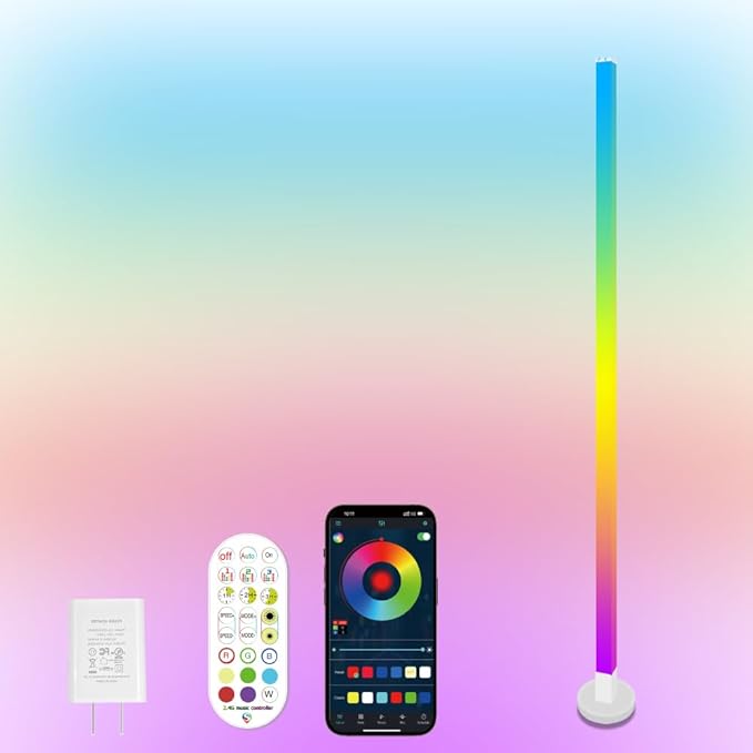 Corner Floor Lamp, 59" RGB+IC Dimmable White LED Floor Lamps, Smart Modern Corner Lamp with Remote, Tall Standing Lamp Bedroom Living Room Essentials, Music Sync for Game Room Decor