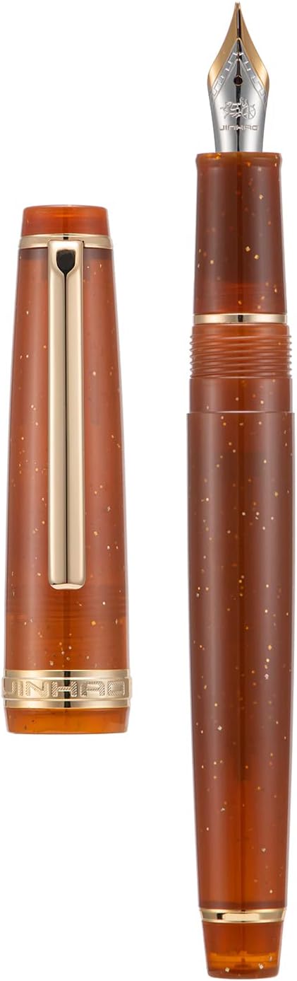 Jinhao 82 Acrylic Fountain Pen, Iridium Extra Fine Nib with Ink Converter, Transparent Coffee Fluorescent Classic Design Smooth Writing Pen (Gold Trim)