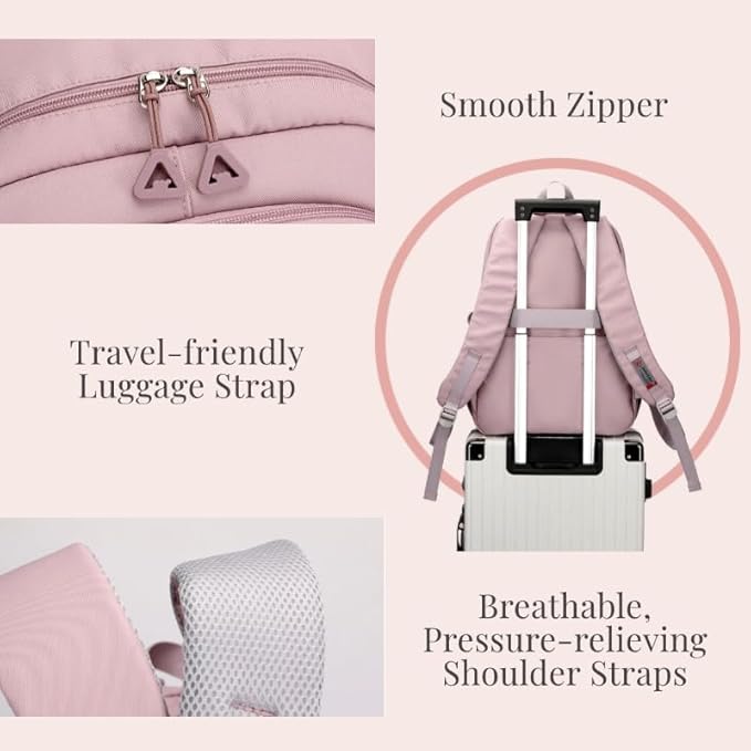 Cute School Laptop Backpack with Large Capacity Multiple Pockets for Girls Travel Friendly with Luggage Strap Accessory Included (Flesh Pink)