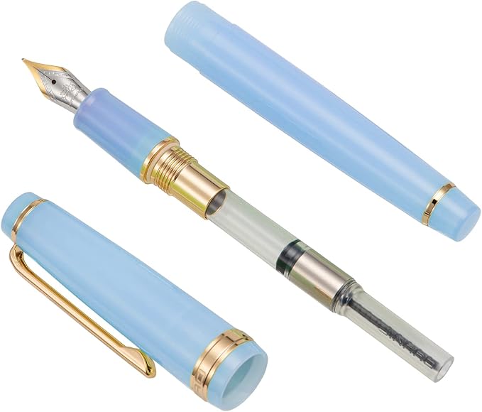 Jinhao 82 Acrylic Fountain Pen, Iridium Fine Nib with Ink Converter, Transparent Light Blue Classic Design Smooth Writing Pen (Gold Trim)