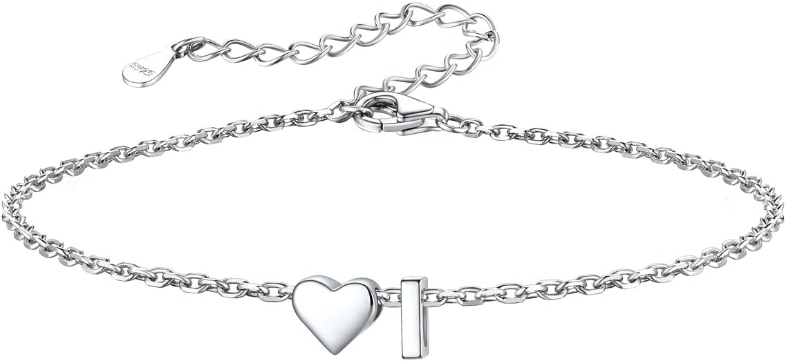 Silvora 925 Sterling Silver Dainty Initial Bracelet with Heart - 6.3" + 2" Adjustable Personalized 26 Letter Bracelet Jewelry Heart Bracelet for Women