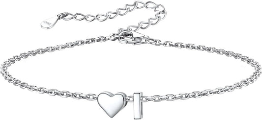 Silvora 925 Sterling Silver Dainty Initial Bracelet with Heart - 6.3" + 2" Adjustable Personalized 26 Letter Bracelet Jewelry Heart Bracelet for Women