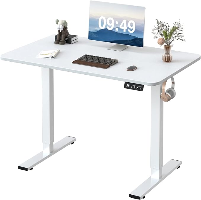 Furmax Electric Height Adjustable Standing Desk Large 40 x 24 Inches Sit Stand up Desk Home Office Computer Desk Memory Preset with T-Shaped Metal Bracket, White