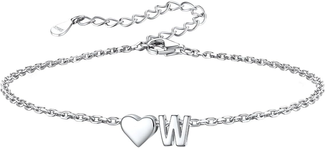 Silvora 925 Sterling Silver Dainty Initial Bracelet with Heart - 6.3" + 2" Adjustable Personalized 26 Letter Bracelet Jewelry Heart Bracelet for Women