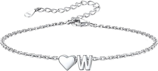 Silvora 925 Sterling Silver Dainty Initial Bracelet with Heart - 6.3" + 2" Adjustable Personalized 26 Letter Bracelet Jewelry Heart Bracelet for Women
