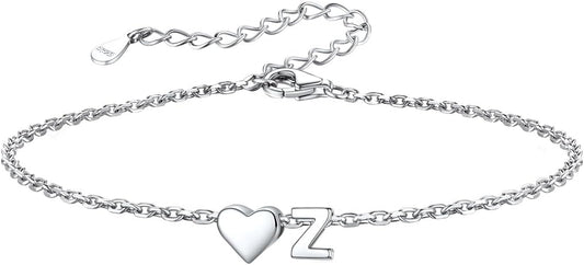 Silvora 925 Sterling Silver Dainty Initial Bracelet with Heart - 6.3" + 2" Adjustable Personalized 26 Letter Bracelet Jewelry Heart Bracelet for Women