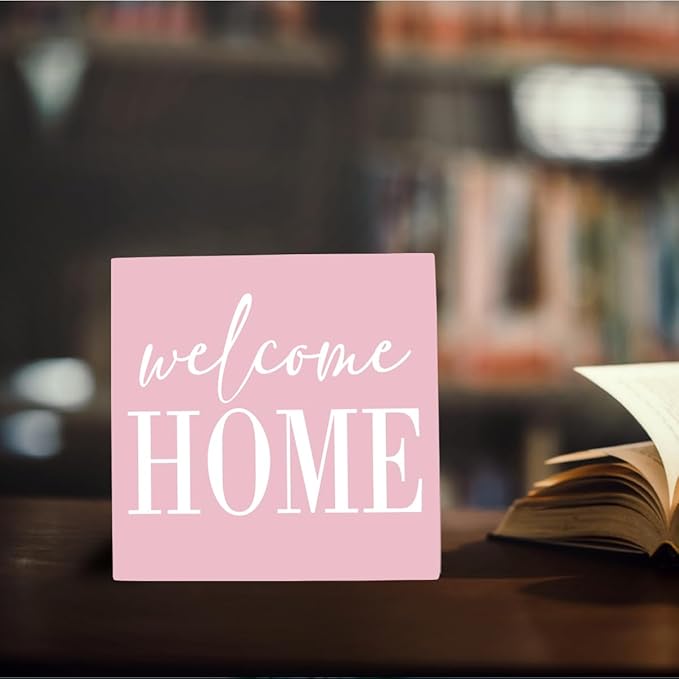 Welcome Home Sign Home Decor Desk Decor Wooden Box Sign Rustic Pink Wood Block Plaque Box Sign for Women Family Friends Farmhouse Living Room Kitchen Bedroom Shelf Table Decoration