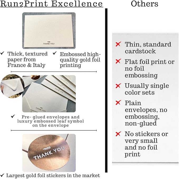 (36 Pack) RUN2PRINT Thank You Cards With Envelopes & Gift of 36 Foiled Stickers - Elegant Emboss Rose Gold Foil Pressed Blank Notes Wedding All Occasion Cards (Ivory)