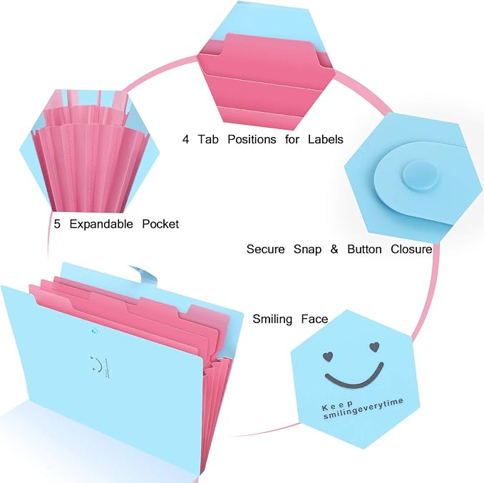SKYDUE Expanding File Folder 5 Pockets ,Letter A4 Paper Accordion Document Organizer (Blue)