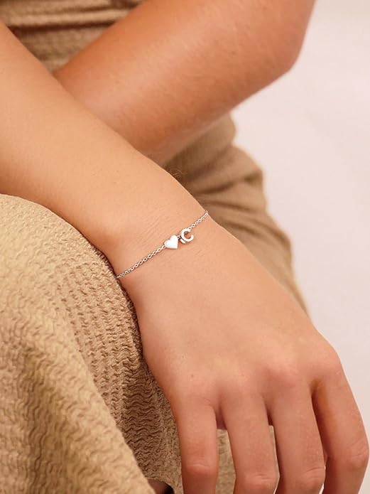 Silvora 925 Sterling Silver Dainty Initial Bracelet with Heart - 6.3" + 2" Adjustable Personalized 26 Letter Bracelet Jewelry Heart Bracelet for Women