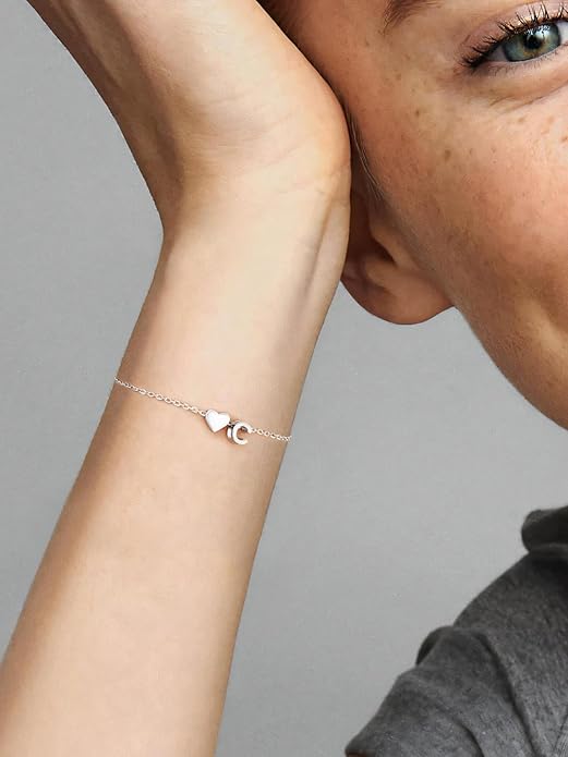 Silvora 925 Sterling Silver Dainty Initial Bracelet with Heart - 6.3" + 2" Adjustable Personalized 26 Letter Bracelet Jewelry Heart Bracelet for Women