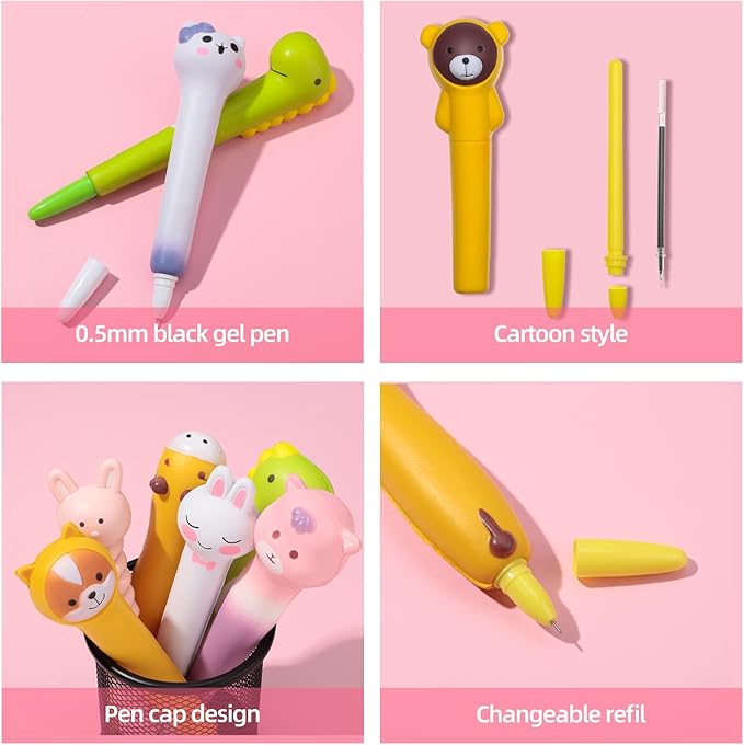 24 Pcs Cute Kawaii Pen Accessories For Girl Animal Fruit Shaped Stress Relief Supplies Gel Ink Pens with Replacement Refills for Kids Students School Office