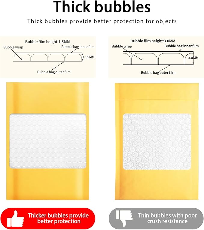Dasen Kraft Bubble Mailers 3.5x5 Inch 50 Pcs,Small Self-Sealing Waterproof Cushioned Mail Shipping Bags,Yellow Padded Envelopes #0000
