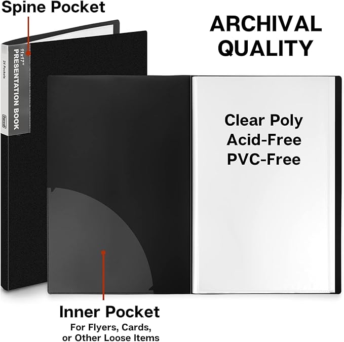 Dunwell 11x17 Portfolio Binder (Black), Presentation Binder with 24 Clear Plastic Sleeves, Large Art Portfolio Folder, Acid-Free Poly Cover and Sleeves