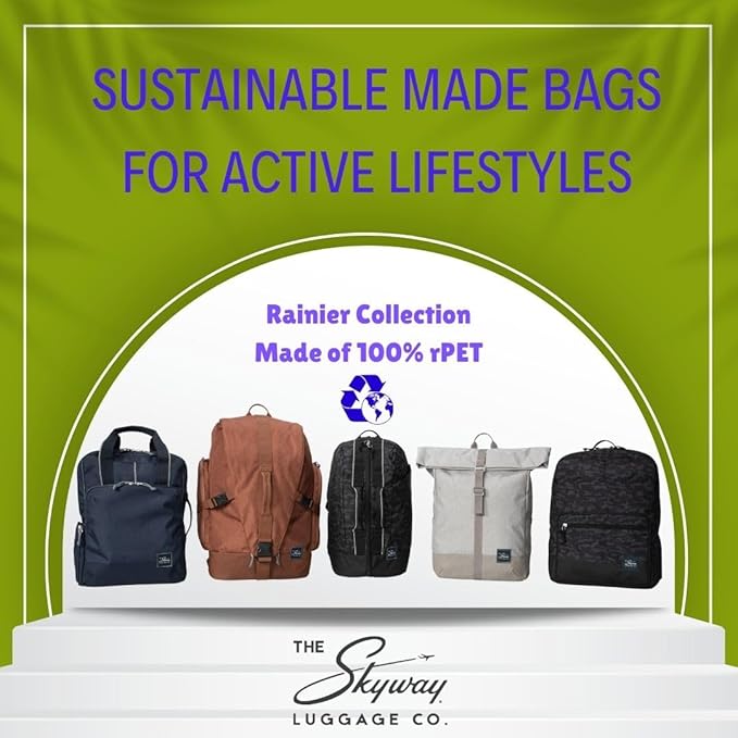 Skyway Luggage Rainier Deluxe Backpack, Eco-Friendly, Made of 100% rPET Travel Laptop Bag for Women & Men, Flight Approved Carry On Backpack, 17L, Crater Black