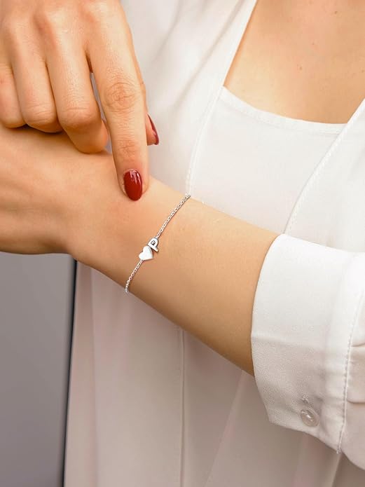Silvora 925 Sterling Silver Dainty Initial Bracelet with Heart - 6.3" + 2" Adjustable Personalized 26 Letter Bracelet Jewelry Heart Bracelet for Women