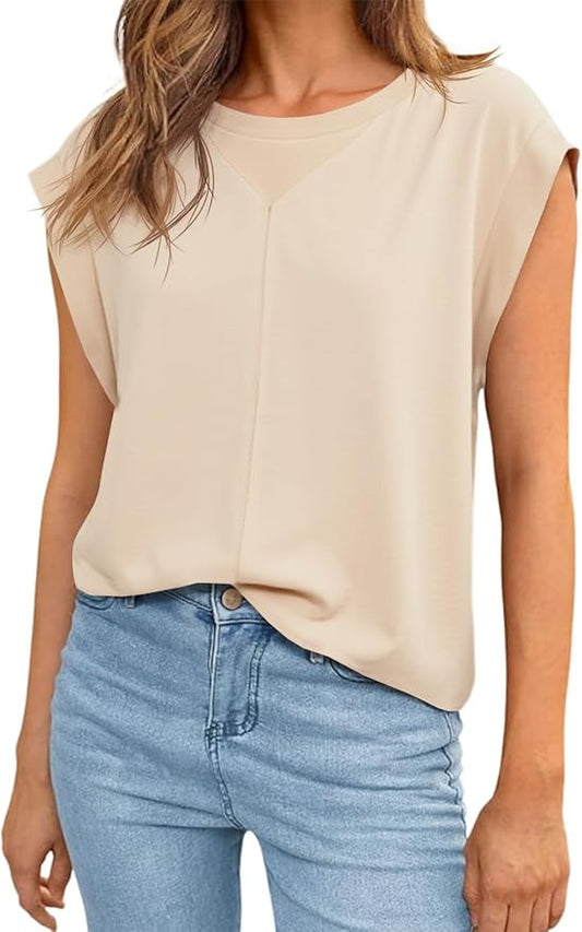 Tankaneo Womens Cap Sleeve Tank Tops Summer Casual Crew Neck T Shirts Loose Fit Basic Tee
