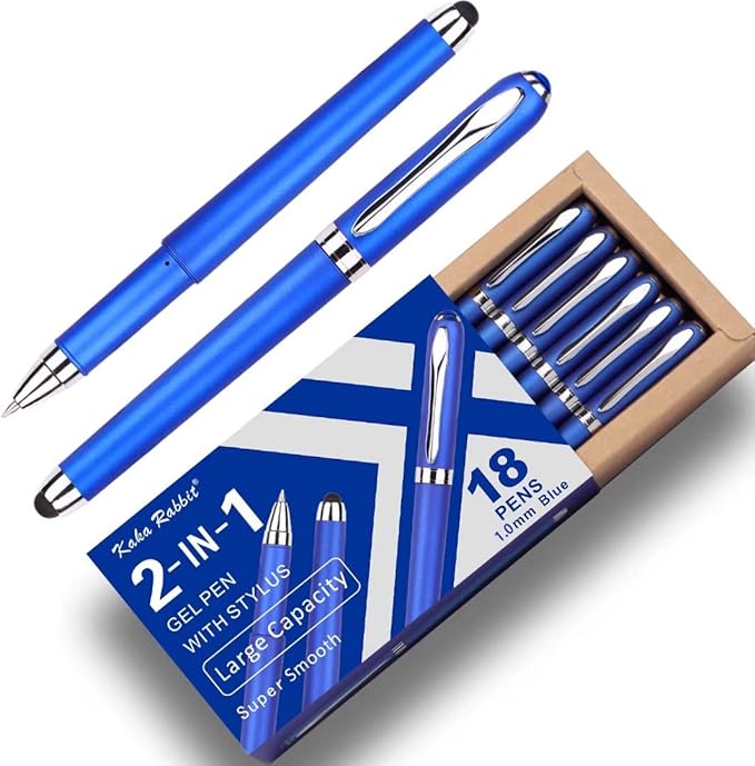 Gel Ink Rollerball Stylus Pen - 18 Pack,1.0mm Gel Pen Bold Point,2 in 1 Capacitive Stylus Pen,Large Capacity Blue Ink,Writing Smoothly for Office,Business,Gift,Metal Silver Clip,Kaka Rabbit