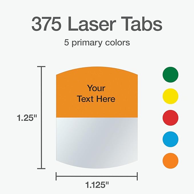 Redi-Tag Laser Printable Tabs, Permanent Index Tabs, Customizable Adhesive Labels, Assorted Primary Colors, 1.125" x 1.25", 375 Per Pack (1006556)
