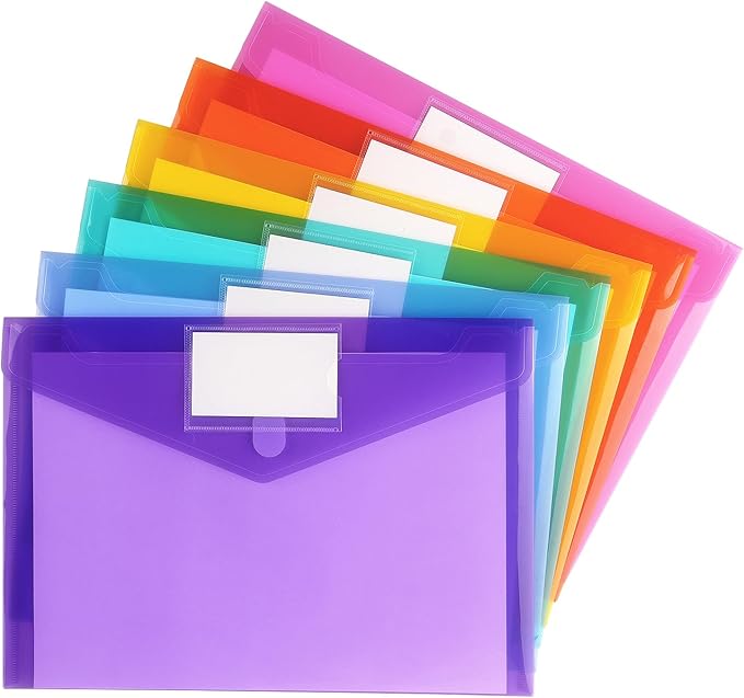 Tamaki 6 Pack Plastic Envelopes Poly Envelope Folder Clear Document Plastic File Folders Organization with Hook & Loop Closure, Letter Size/A4 Size, Envelope Folders for School Office