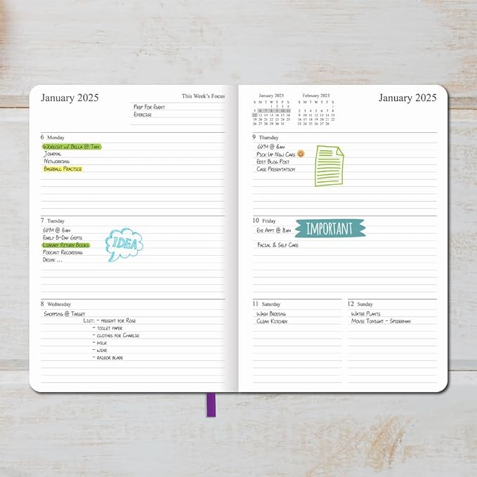 2025 Planner - Weekly and Monthly Planner Jan to Dec 2025, Holidays, Contacts and Notes Pages, Vegan Leather Cover, Elastic Closure, 5.5”x8.25”, Purple