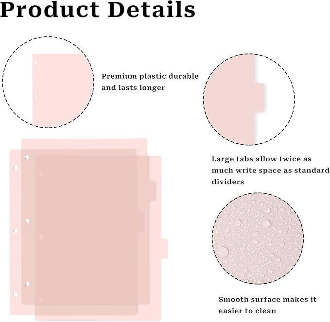 3 Ring Pink Binder Dividers with 8-Tabs, A4 Pink Binder Dividers, Sturdy Plastic Dividers, Aesthetic Dividers for Binder, Suitable for Notebooks and Binders, Tabs for Binder, 3 Hole Punch (Pink,A4)