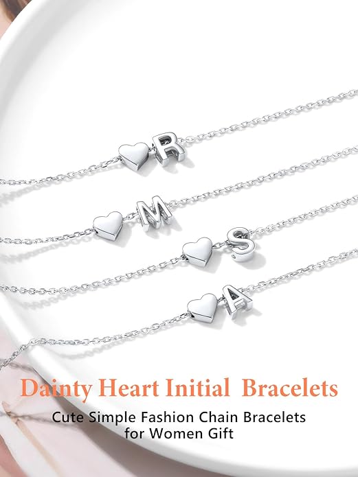 Silvora 925 Sterling Silver Dainty Initial Bracelet with Heart - 6.3" + 2" Adjustable Personalized 26 Letter Bracelet Jewelry Heart Bracelet for Women