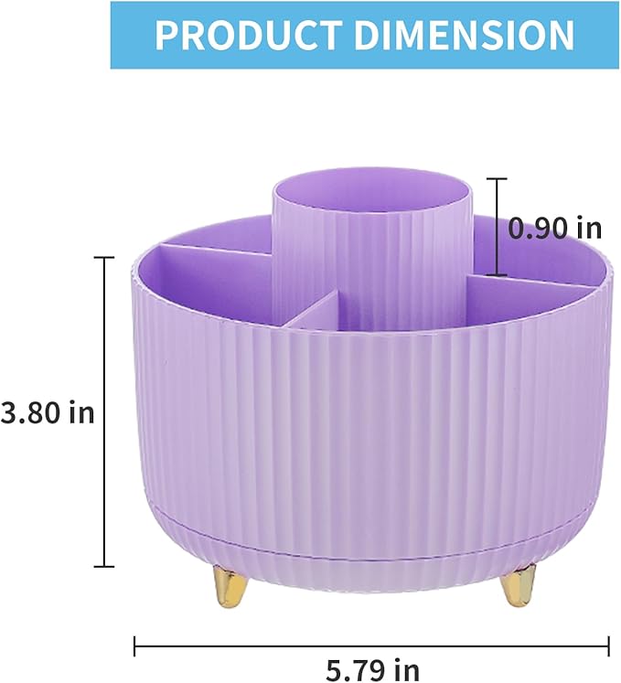 Marbrasse Desk Organizer, 360-Degree Rotating Pen Holder for Desk, Desk Organizers and Accessories with 5 Compartments Pencil Organizer, Art Supply Storage Box Caddy for Office, Home（Purple）