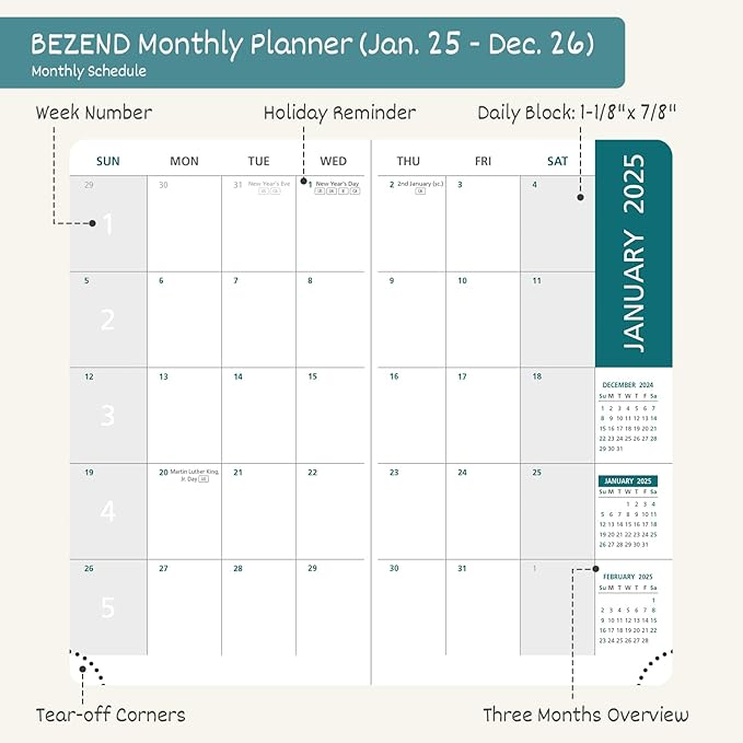 BEZEND 2 Year Pocket Calendar 2025-2026 - Small Monthly Planner for Purse 6.5" x 3.5", Runs Jan 2025 to Dec 2026, 100 GSM Paper, Pen Loop & Notes, PU Leather Hardcover in Lavender