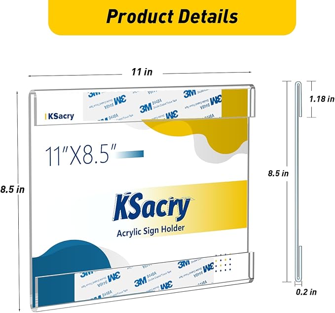 6 Pcs Acrylic Sign Holder 11 x 8.5, Horizontal Wall Mount Sign Holders with 3M Adhesive, Clear Plastic Frames Paper Display Sign Holders for Office, Home, Store, Restaurant - No Drilling
