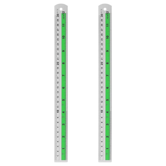 HARFINGTON 2pcs Metal Straight Ruler 30cm Metric SAE Aluminum Alloy Measuring Rulers Scale Tool with Hole for Measure Study Reading Classroom Office, Green