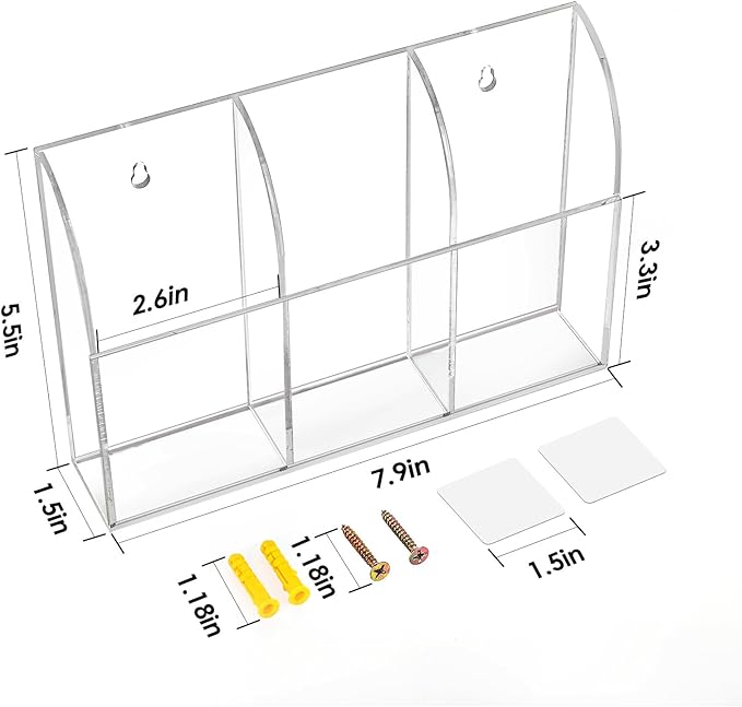 MaxGear 4 Pack Wall Mounted Marker Holder, 3 Compartments Acrylic Organizer for Remotes, Pens, Markers, Clear Desk Pen Holder for Whiteboard Accessories-7.8'' x 1.6'' x 5.5''