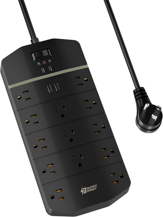 SUPERDANNY 15A Power Strip Surge Protector 5000 J with 13 AC Outlets 2 USB-A & 2 USB-C PD 20W Fast Charging Heavy Duty 14AWG/3C Industrial Grade 10ft Extension Cord for Workbench Home Office Black