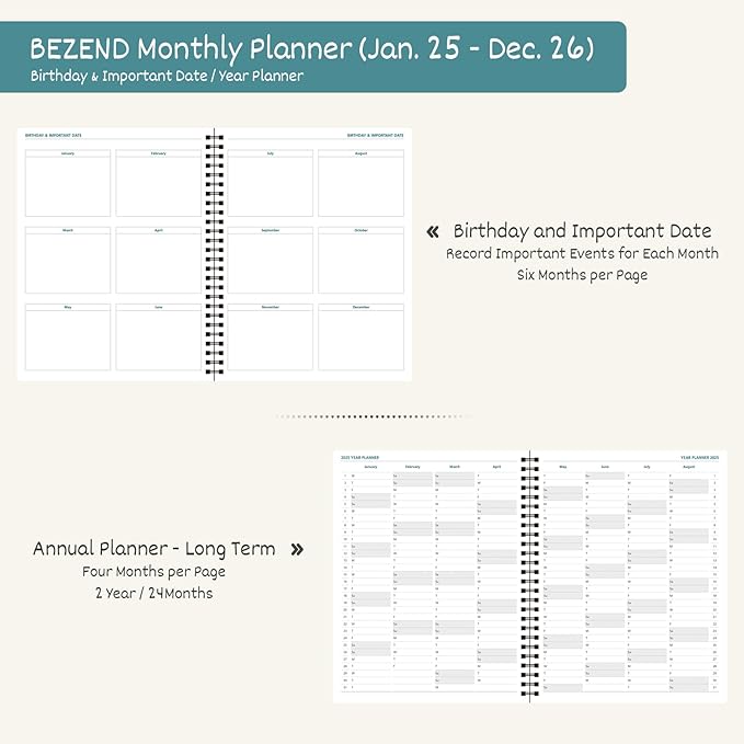 BEZEND Monthly Planner 2025-2026, Large size, 2 Year Monthly Calendar 8.5" x 11" - 120 GSM Thick Paper - Spiral Planner with Pockets, Tabs, Calendar with Note Sections, Pen Loop, Softcover - Red