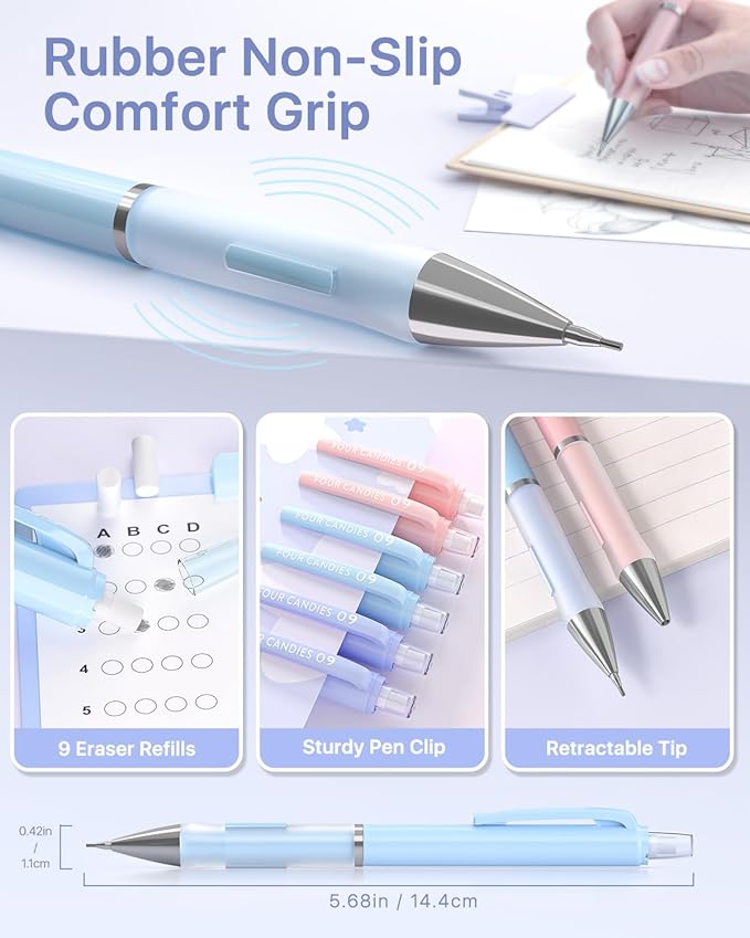 Four Candies 0.9mm Mechanical Pencil Set - 6PCS Cute Pencils with 360PCS HB & 2B Lead Refills, 3PCS Pastel Erasers and 9PCS Eraser Refills, Aesthetic School Supplies for Student Writing Drawing