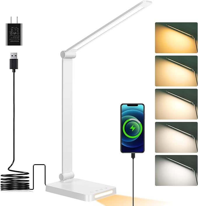 Dott Arts LED Desk Lamp with USB Ports,Touch Desk Lamps for Home Office with 5 Color Modes,3 Brightness Desk Light with Small Night Light,Reading Lamp Table LED Lamp for Bedroom Bedsid Study White
