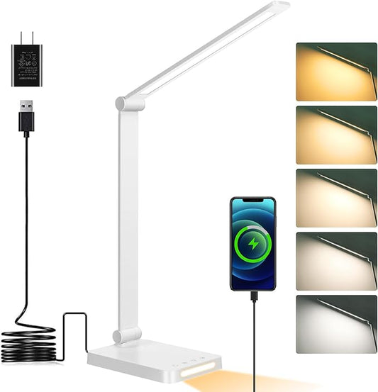 Dott Arts LED Desk Lamp with USB Ports,Touch Desk Lamps for Home Office with 5 Color Modes,3 Brightness Desk Light with Small Night Light,Reading Lamp Table LED Lamp for Bedroom Bedsid Study White
