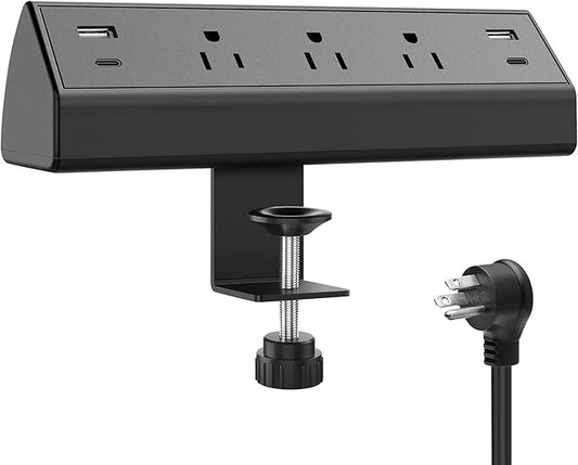 Desk Clamp Power Strip USB C,Desktop Mount Surge Protector,40W Fast Charging Station,2 PD 20W USB C Ports,3 Outlets,6FT Flat Plug,Desk Edge Power Strip for Home,Office,Fit 1.96" Tabletop Edge