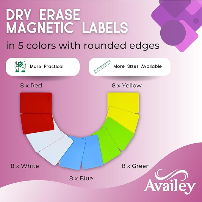 Availey 40 Pieces (3 x 2") - Full Colored Magnetic Dry Erase Labels - Reusable Strips for Classroom Home Office Garage Refrigerator Blank Writable Erasable Cards Name Tags Students Locker Shelf
