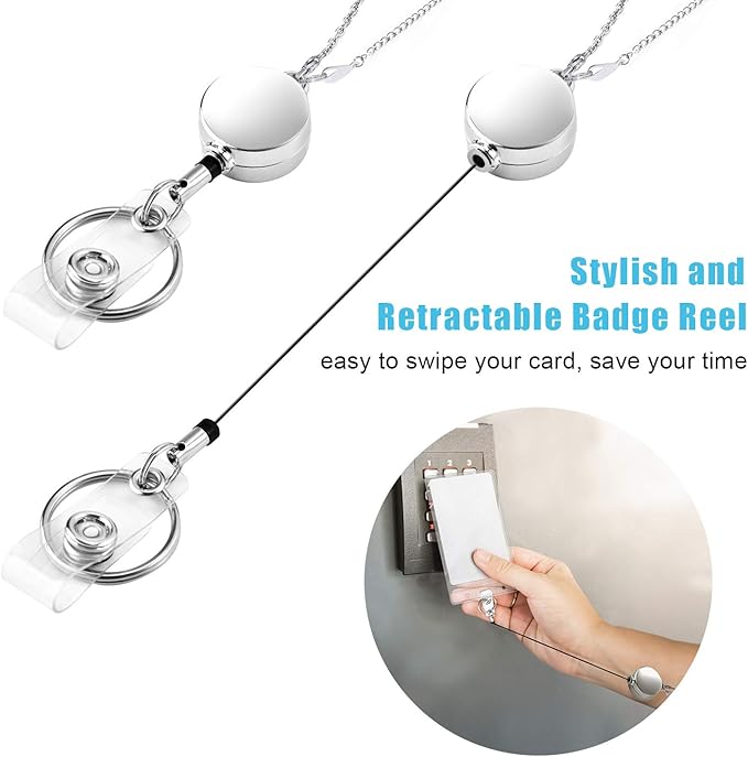 Retractable Badge Reel Lanyard with 2 Pieces ID Holder for Women, Fashion Beaded Chain Premium Stainless Steel Lanyard Necklace Water Resistant Name Badge Holder (Black)