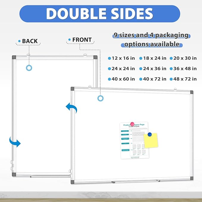 WALGLASS Double-Sided White Board 20" x 30", Dry Erase Board, Magnetic Whiteboard Silver Aluminium Frame, Wall-Mounted or Hanging Board for Home, School, Office, Kitchen