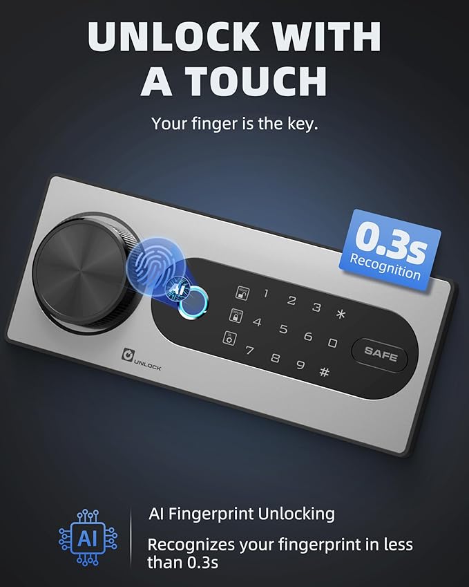 DAYI Biometric Fingerprint Safe Box, 3.0 Cubic Feet Home Safes with Fireproof Bag, Digital Touchpad Security Safe for Money Cash Documents, Dual Alarm System - DF-60 Plus