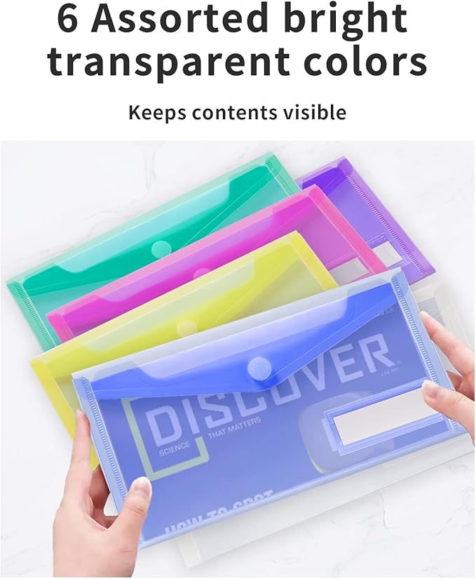 Sooez Small Plastic Envelopes, 12 Pack Plastic Pouch with Label Pocket, Pencil Pouch, Reusable Envelopes,Pencil Case Bulk, Money Envelopes, 9.4 x 4.7 Inches